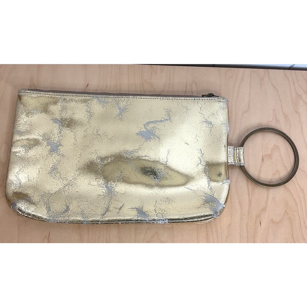 Kim‎ White 100% Leather Gold Crackled Top Zip Clutch with Gold Ring Handle
